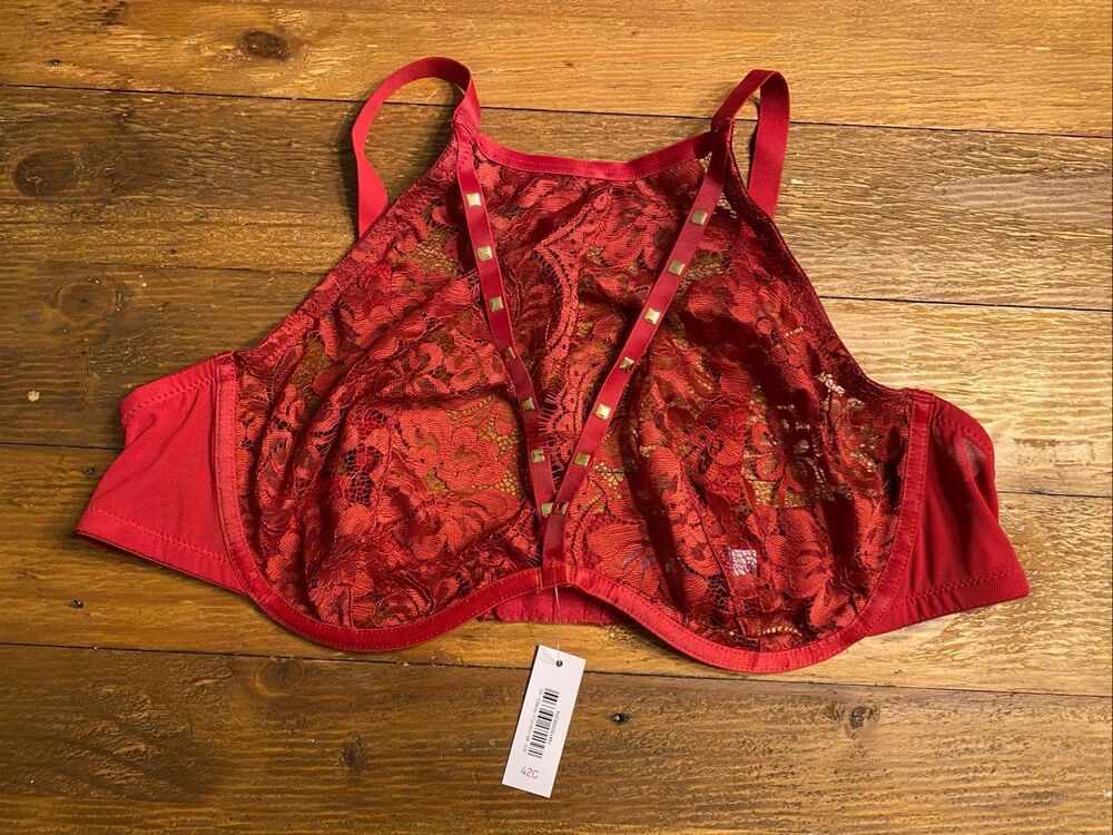 Adore Me 42C NWT Emmeline Unlined Underwire Bra High-Neck Lace lingerie red